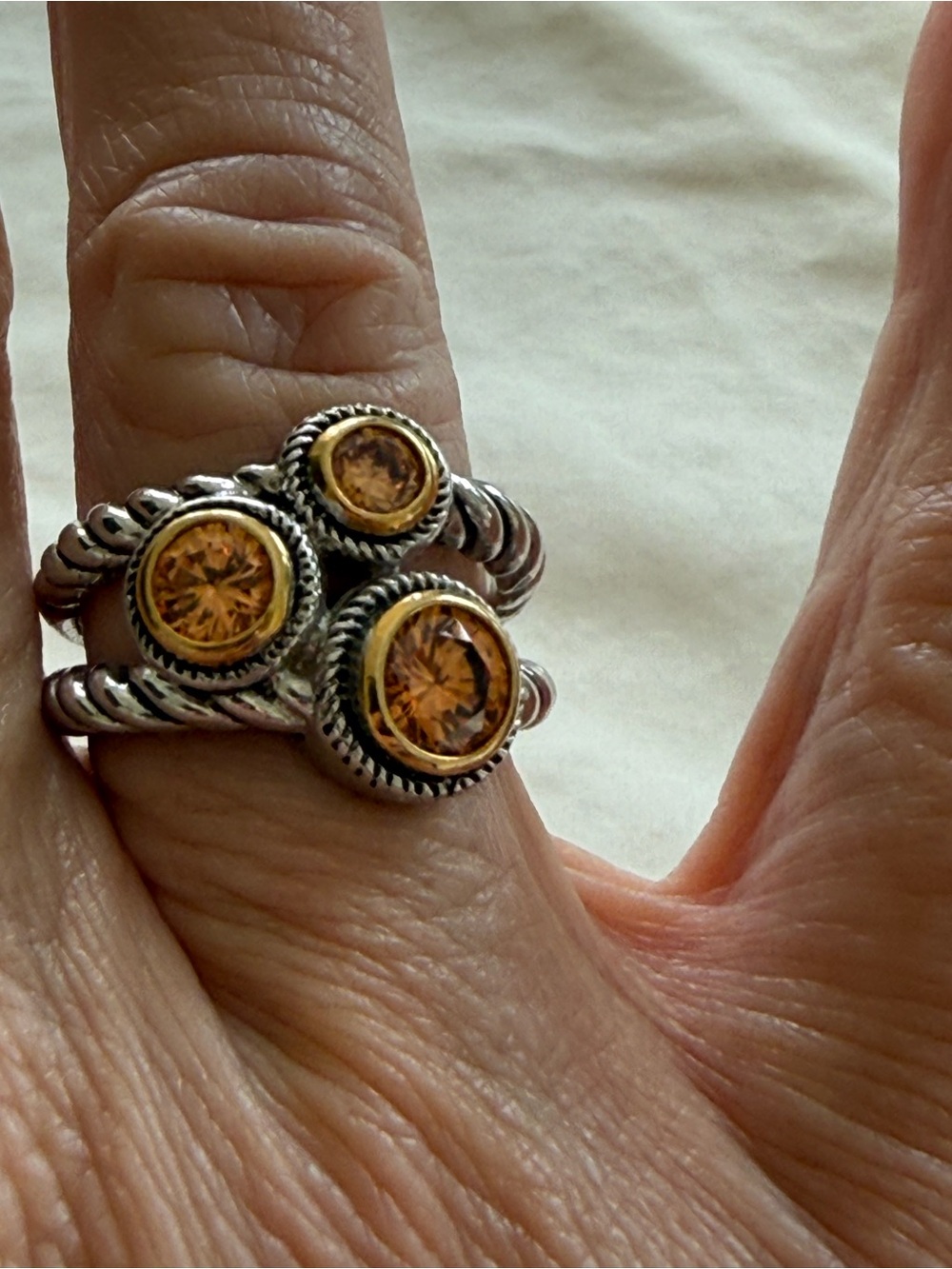 Two Tone Cable Statement Ring Amber Crystal Stones Silver Gold Tone